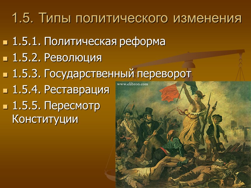 1.5. Типы политического изменения 1.5.1. Политическая реформа 1.5.2. Революция 1.5.3. Государственный переворот 1.5.4. Реставрация